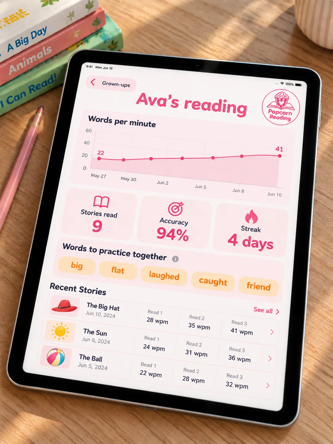 Ava's reading progress dashboard for grown-ups on an iPad