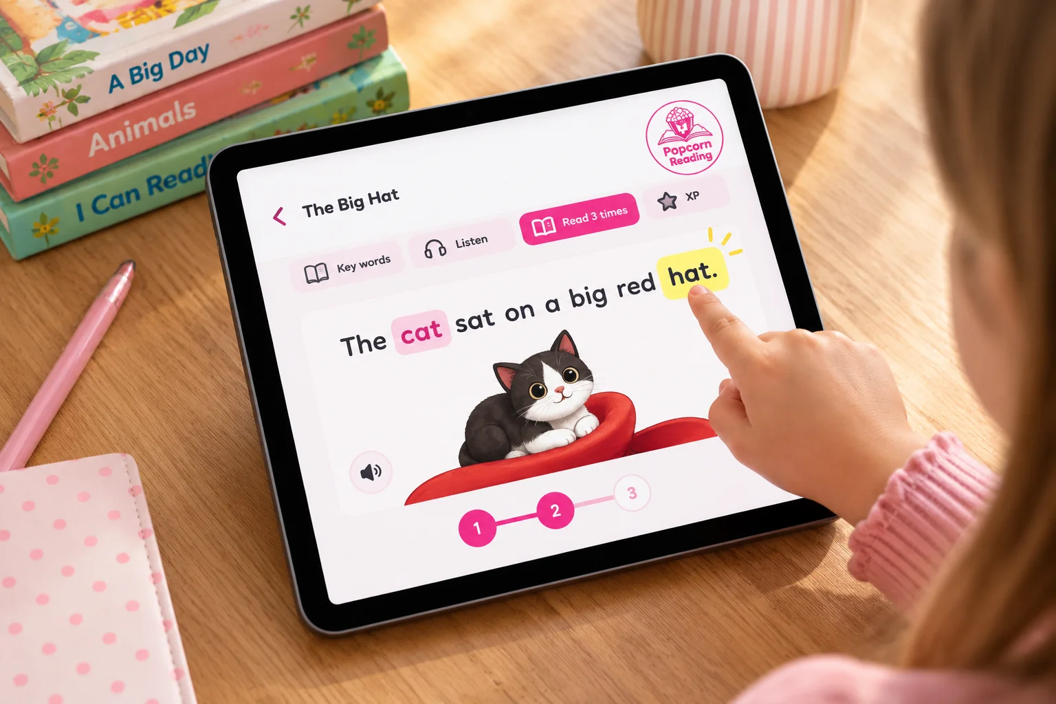 Read 3 times screen of the Popcorn Reading app on an iPad