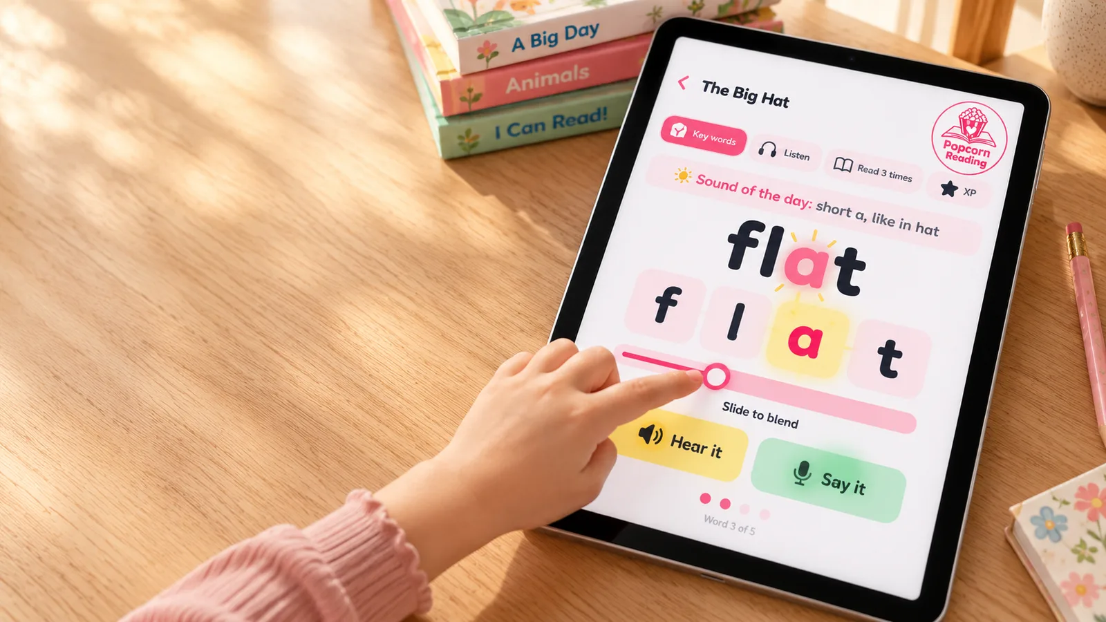 A child's hand using the Popcorn Reading key words screen on an iPad