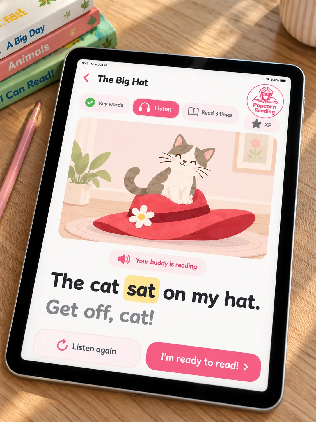 Popcorn Reading reading buddy reading a story aloud on an iPad